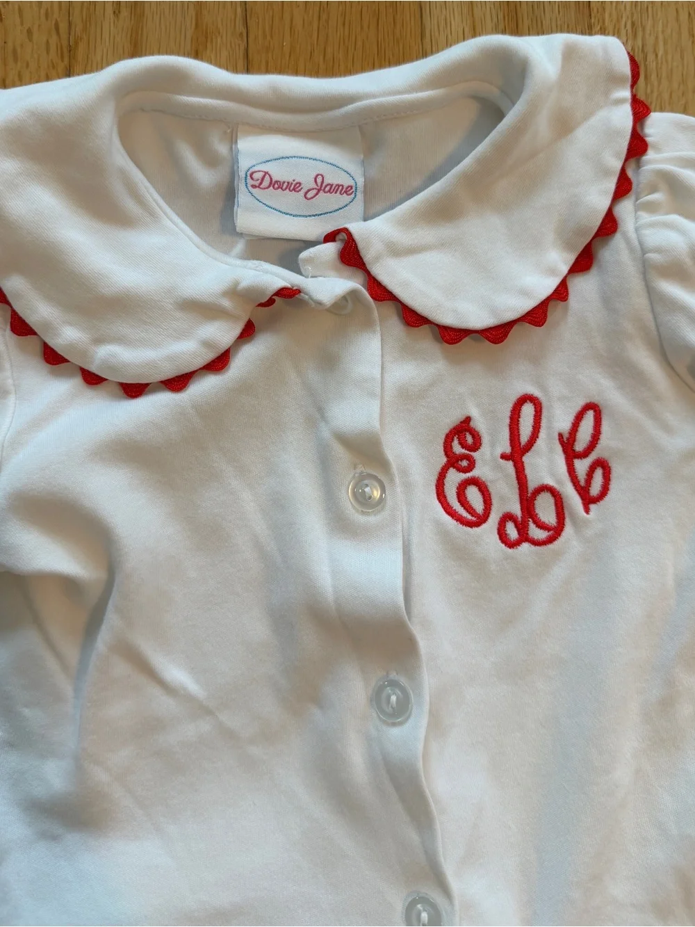 White and Red Trim Girls Pajama Set with Monogram
